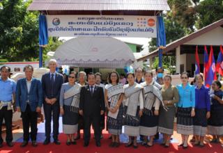 Opening of Women's Protection Shelter in Savannakhet in December 2020. Deputy Minister of ICT, Savannakhet Vice Governor, LWU Vice President, UK Ambassador to Lao PDR, UNFPA Representative Lao PDR and President of Savannakhet LWU.