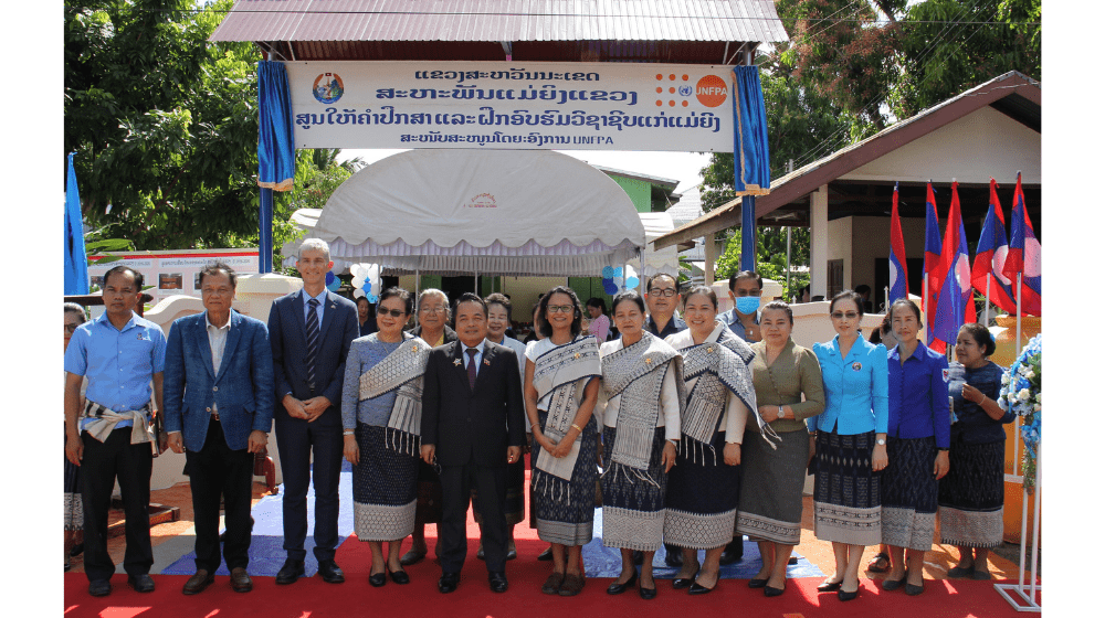 Opening of Women's Protection Shelter in Savannakhet in December 2020. Deputy Minister of ICT, Savannakhet Vice Governor, LWU Vice President, UK Ambassador to Lao PDR, UNFPA Representative Lao PDR and President of Savannakhet LWU.