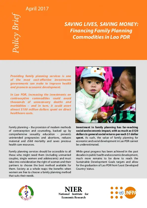 SAVING LIVES, SAVING MONEY: Financing Family Planning Commodities in Lao PDR (2017)